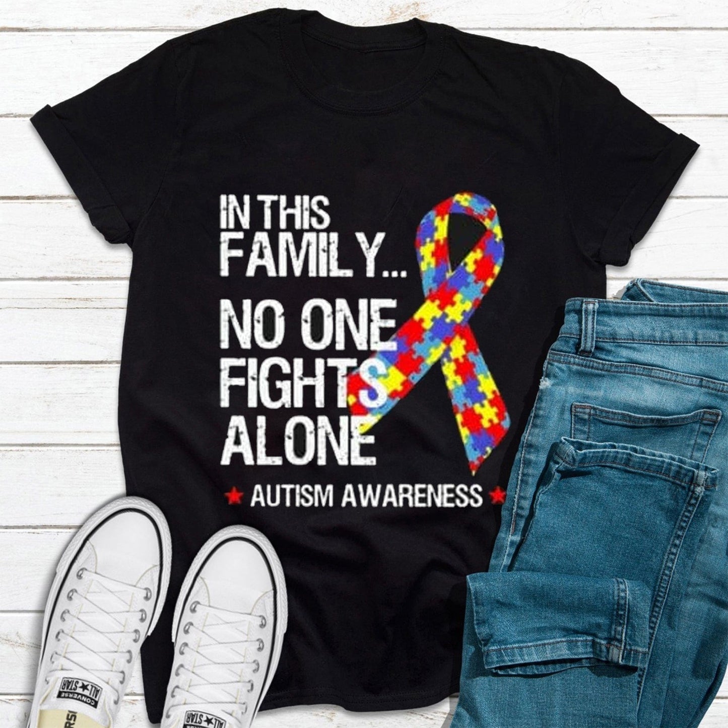 In This Family No One Fights Alone Autism Awareness Shirt