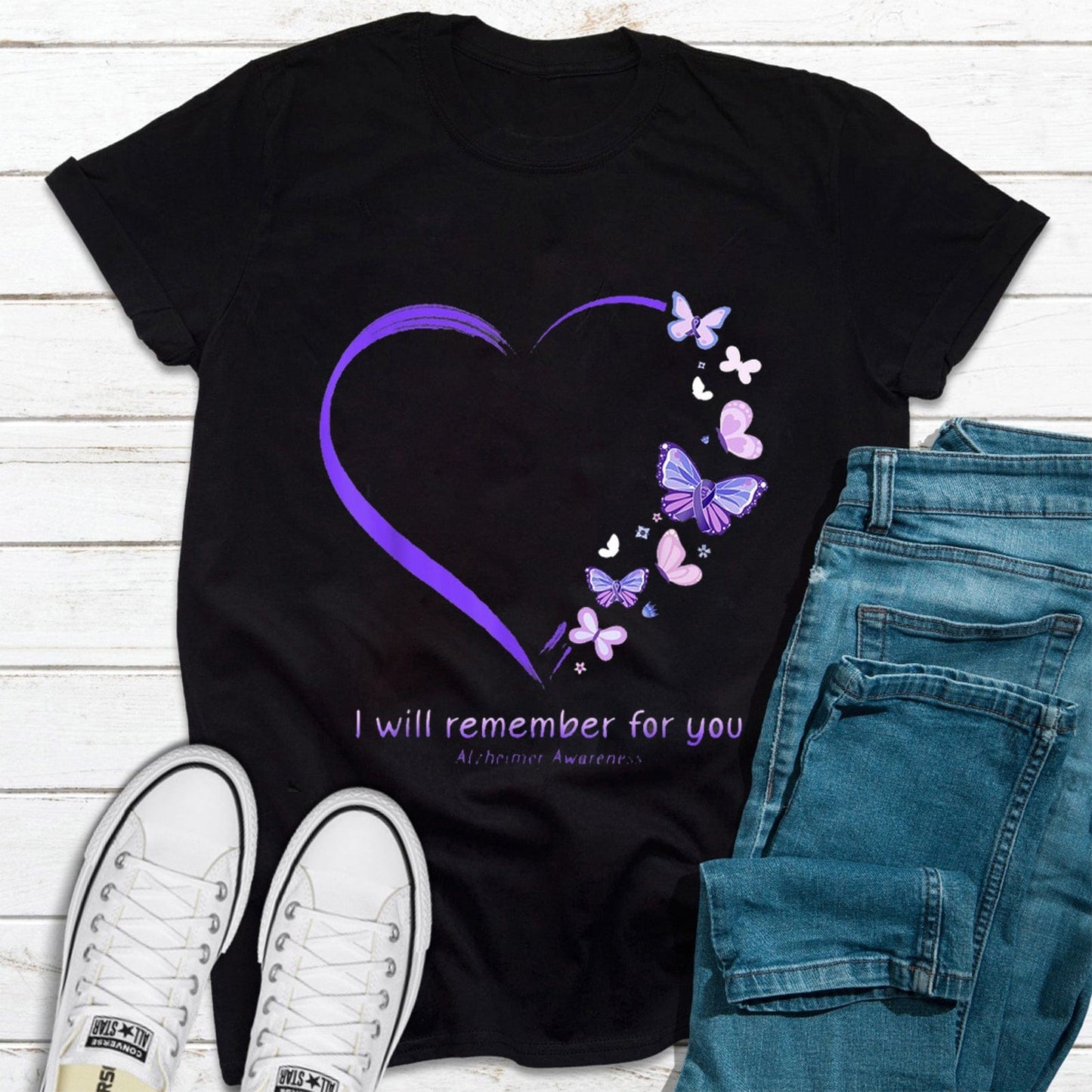 I Will Remember For You, Alzheimer's Awareness T Shirts, Purple Butterfly