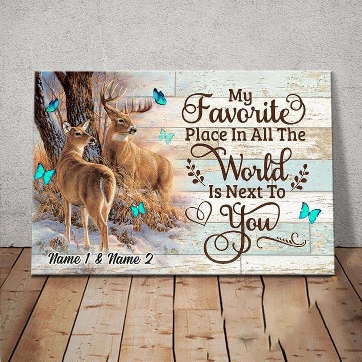 Personalized Deer Couple Canvas - My Favorite Place Rustic Custom Name Wall Art