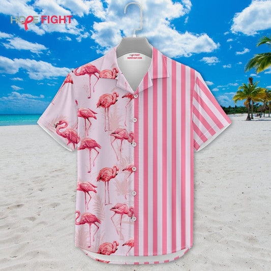 Tropical Flamingo Hawaiian Shirt - Pink Striped & Bird Print, Beachwear