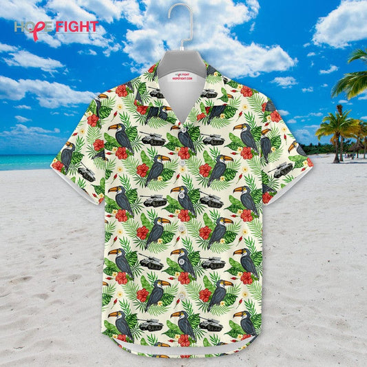 Tropical Military Hawaiian Shirt - Toucan & Army Vehicle Print, Summer Casual
