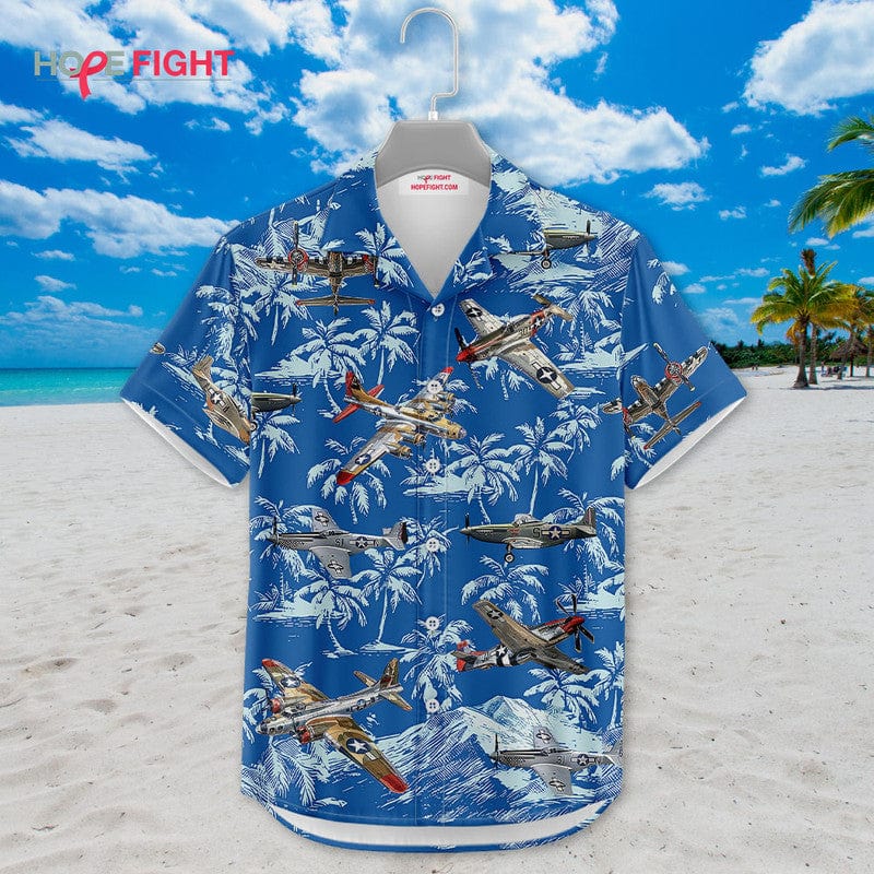 Tropical Military Aircraft Hawaiian Shirt - Vintage Warplane & Palm Tree Print