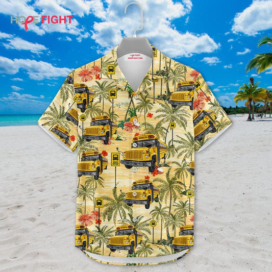 Tropical School Bus Hawaiian Shirt - Yellow Bus & Palm Tree Print, Summer Vibes