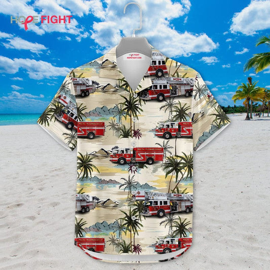 Tropical Firefighter Hawaiian Shirt - Fire Truck & Palm Tree Print, Summer Style