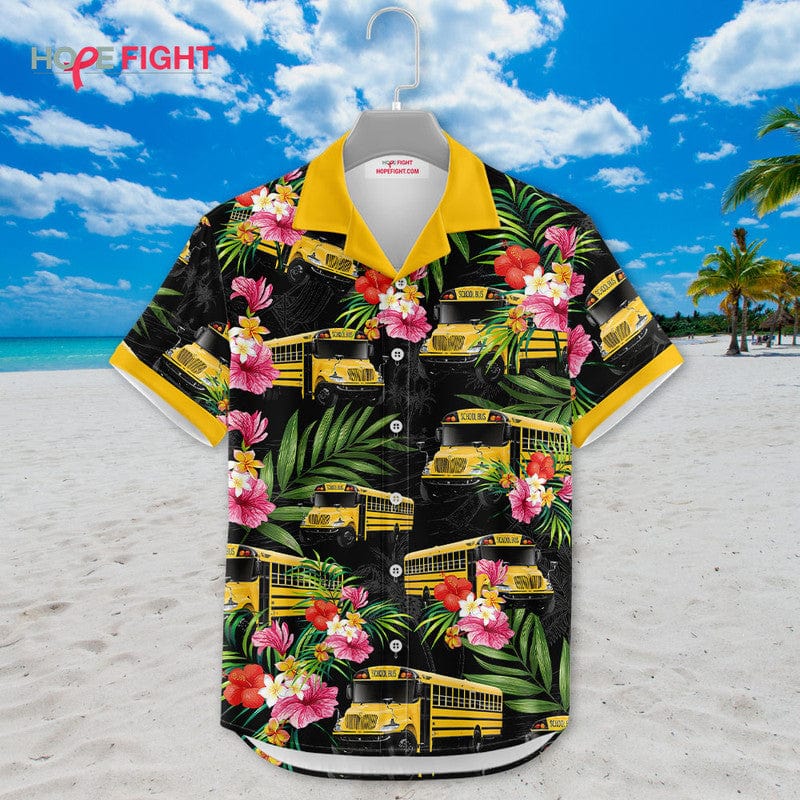 Tropical School Bus Hawaiian Shirt - Yellow Bus & Floral Print, Back to School Vibes