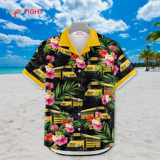 Tropical School Bus Hawaiian Shirt - Yellow Bus & Floral Print, Back to School Vibes