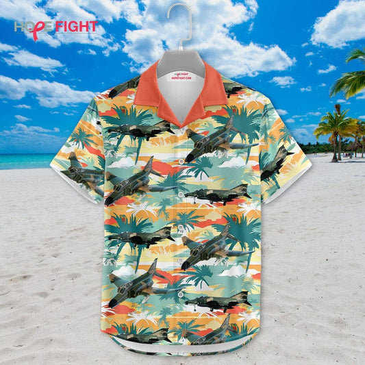 Tropical Fighter Jet Hawaiian Shirt - Military Aircraft & Sunset Palm Print