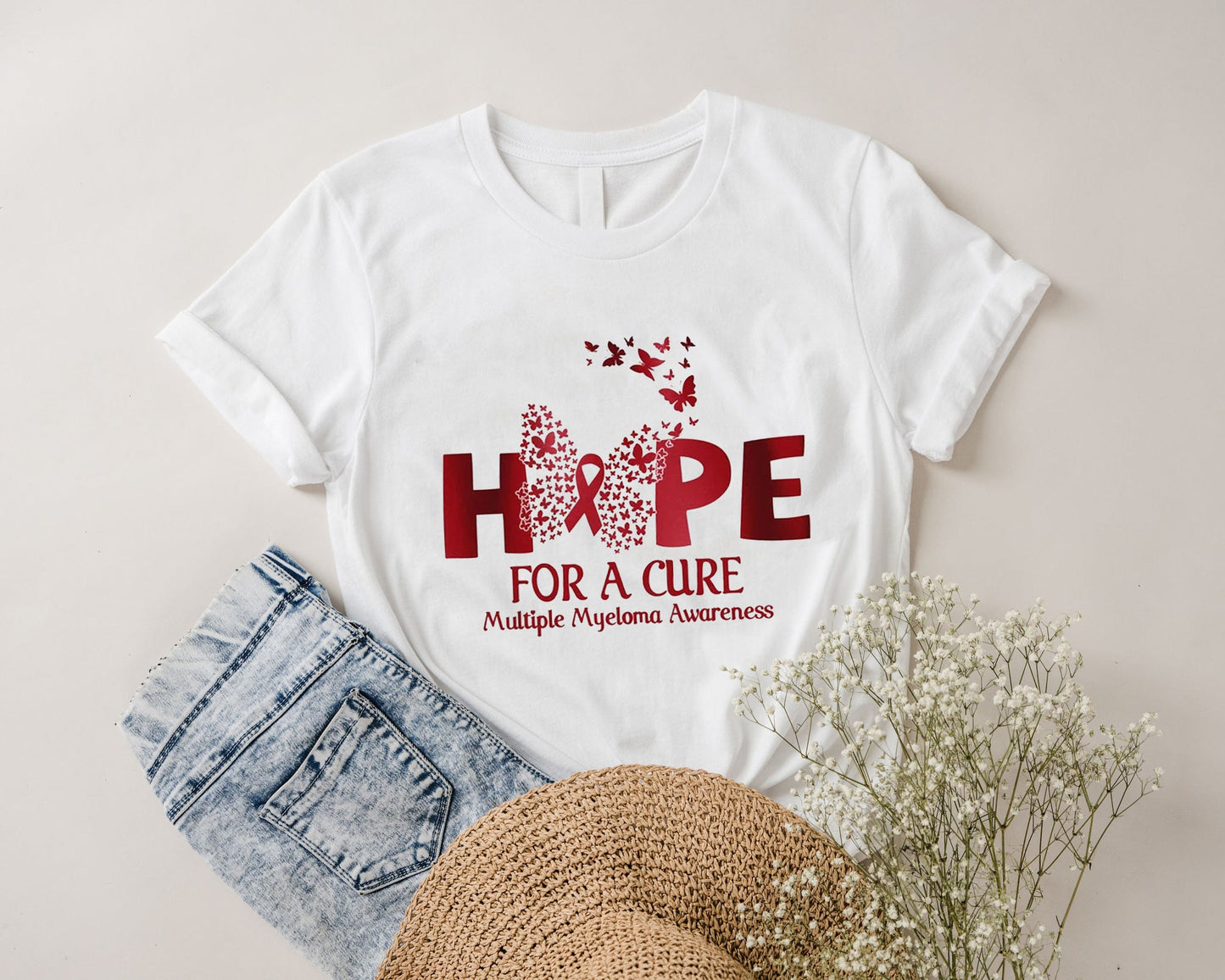 Camisetas de concienciación sobre el mieloma múltiple con la esperanza de una cura, camiseta con lazo burdeos y mariposa