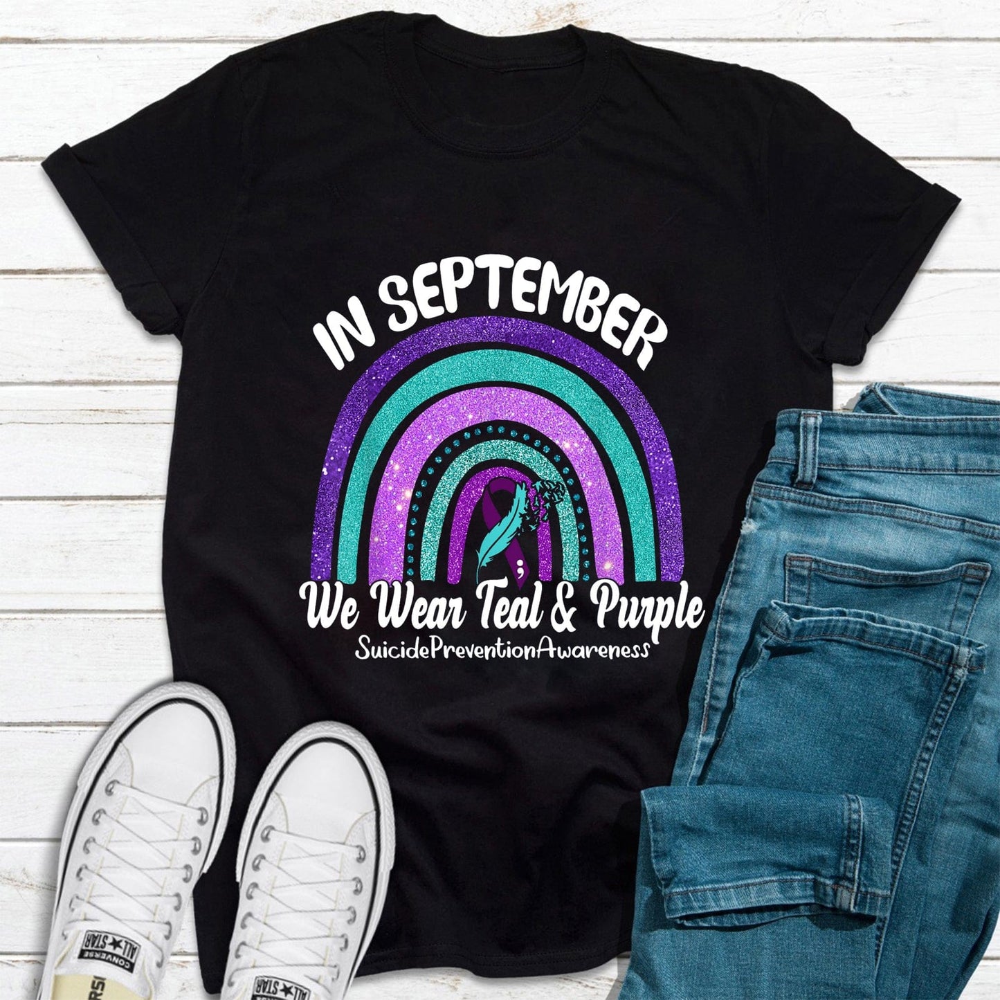 In September We Wear Teal & Purple Ribbon Suicide Prevention Awareness T-Shirt