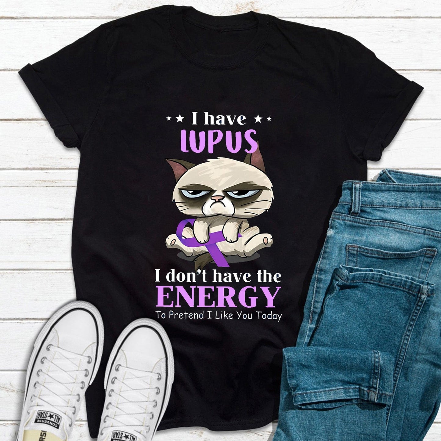 Tengo lupus, no tengo energía. Camiseta divertida con gato