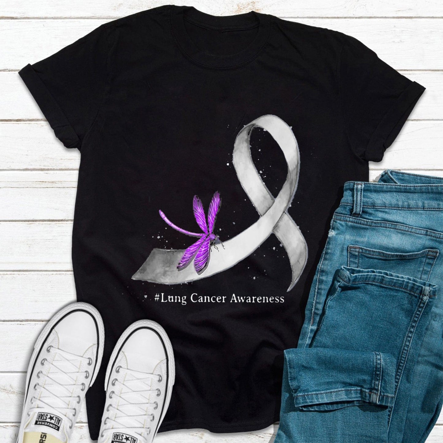 Camiseta de concienciación sobre el cáncer de pulmón con mariposa morada