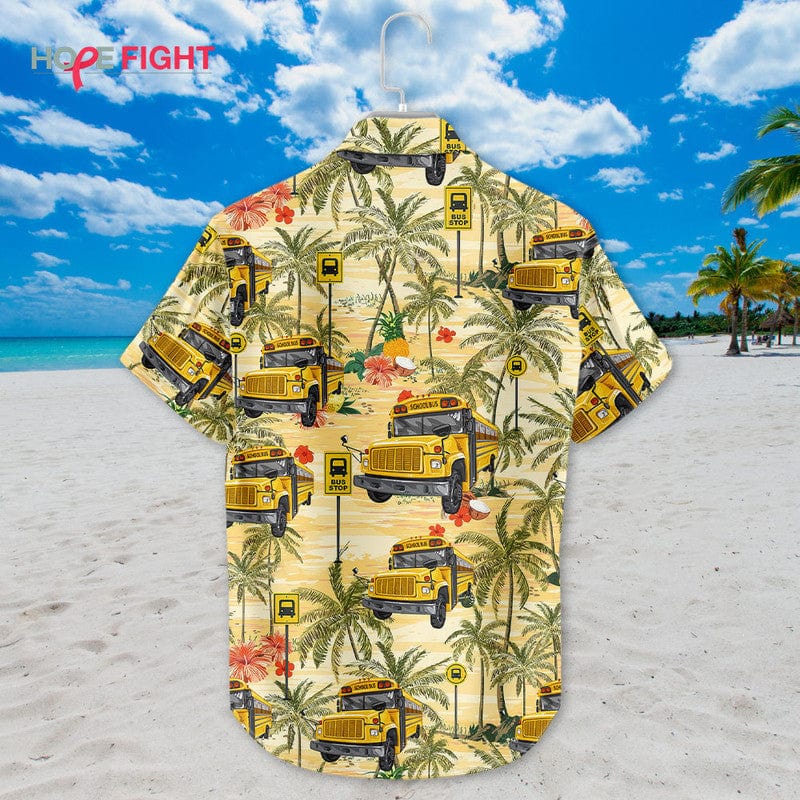 Tropical School Bus Hawaiian Shirt - Yellow Bus & Palm Tree Print, Summer Vibes