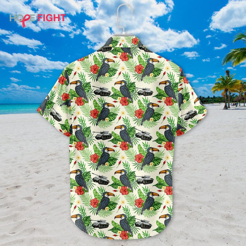 Tropical Military Hawaiian Shirt - Toucan & Army Vehicle Print, Summer Casual