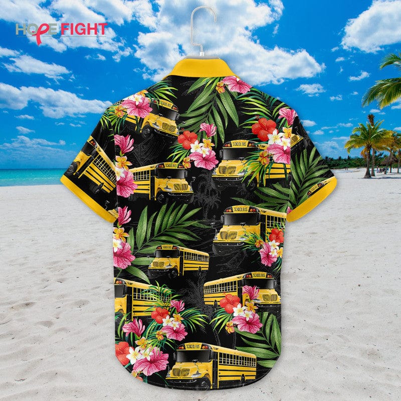 Tropical School Bus Hawaiian Shirt - Yellow Bus & Floral Print, Back to School Vibes