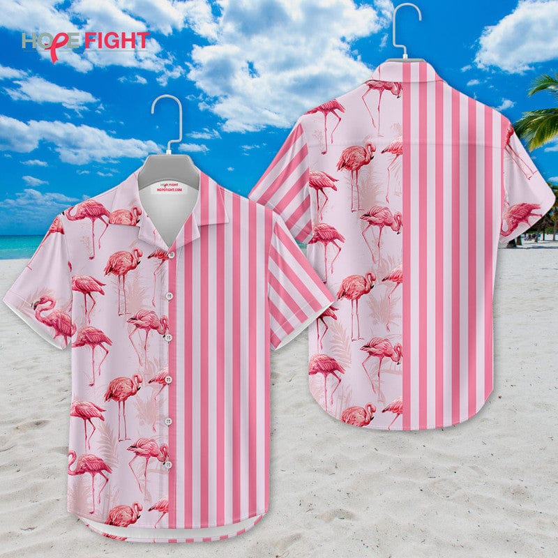 Tropical Flamingo Hawaiian Shirt - Pink Striped & Bird Print, Beachwear