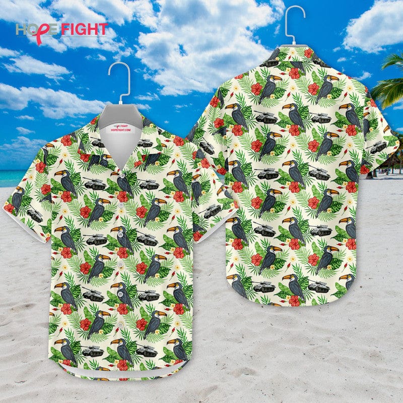 Tropical Military Hawaiian Shirt - Toucan & Army Vehicle Print, Summer Casual