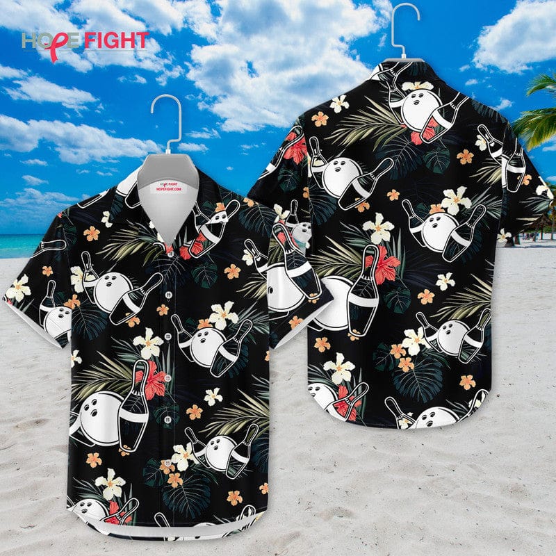 Tropical Bowling Hawaiian Shirt - Fun Bowling Pins & Champagne Print, Party Vibes