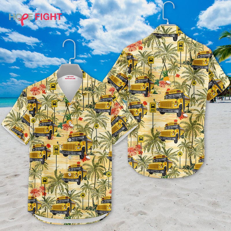 Tropical School Bus Hawaiian Shirt - Yellow Bus & Palm Tree Print, Summer Vibes