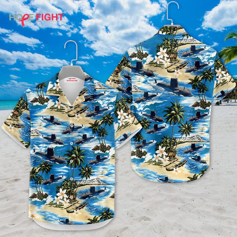Submarine Hawaiian Shirt - Navy Deep Sea & Tropical Island Design
