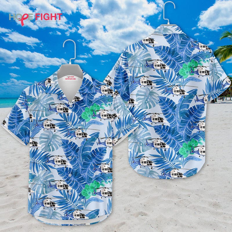 Rescue Helicopter Hawaiian Shirt - Tropical Palm & Blue Foliage Design