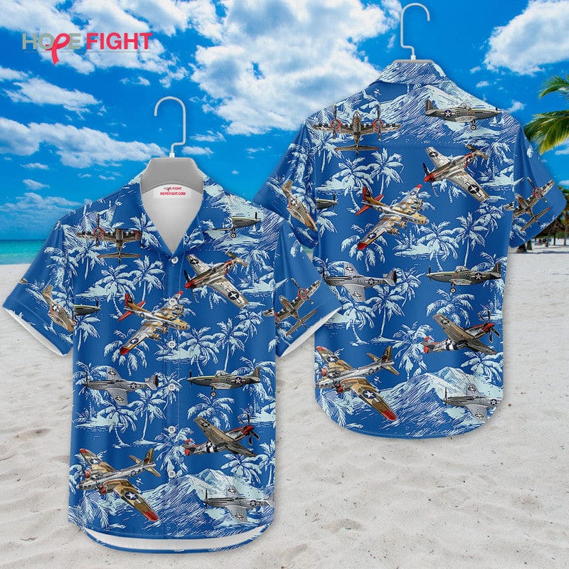 Tropical Military Aircraft Hawaiian Shirt - Vintage Warplane & Palm Tree Print