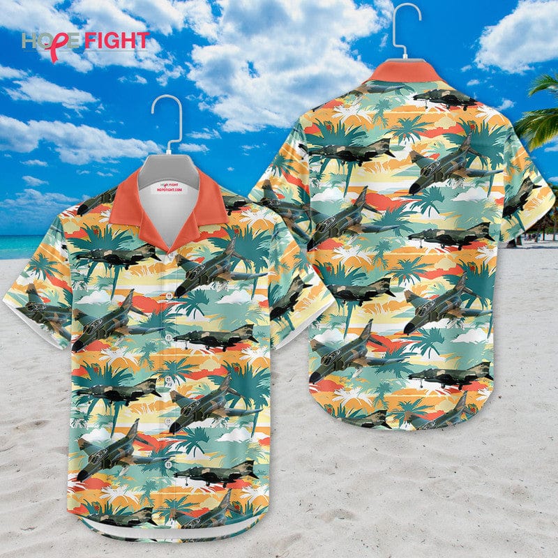 Tropical Fighter Jet Hawaiian Shirt - Military Aircraft & Sunset Palm Print