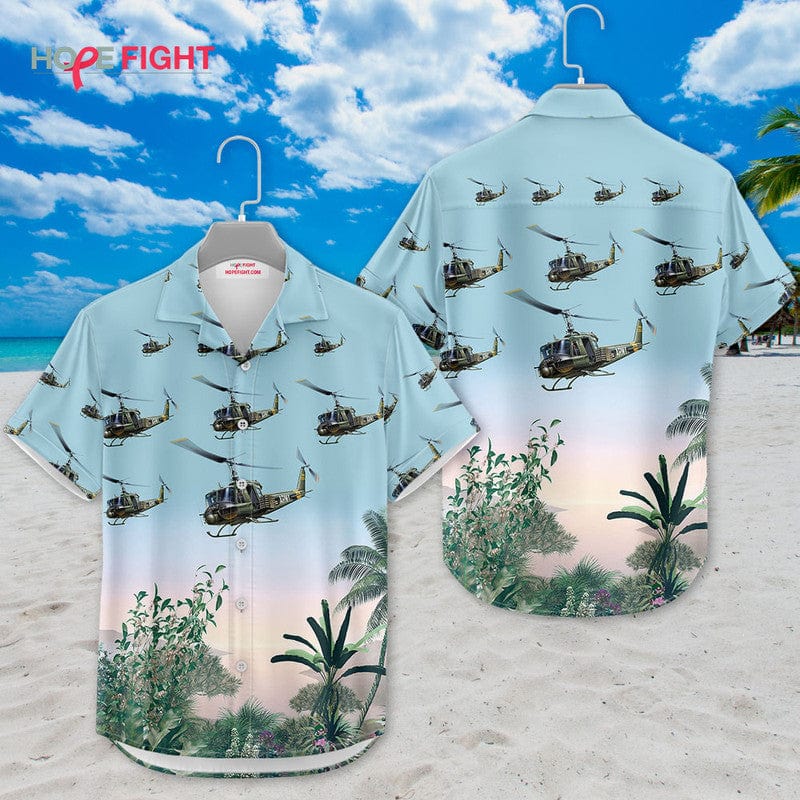 Military Helicopter Hawaiian Shirt - UH-1 Huey & Tropical Jungle Design