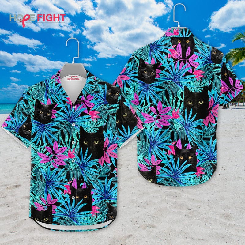 Tropical Black Cat Hawaiian Shirt - Neon Jungle Cat Lovers Outfit