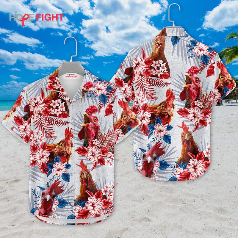 Tropical Rooster Hawaiian Shirt - Vibrant Chicken & Floral Print, Farm Style