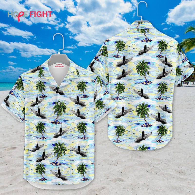 Submarine Hawaiian Shirt - Deep Sea Navy & Tropical Palm Design