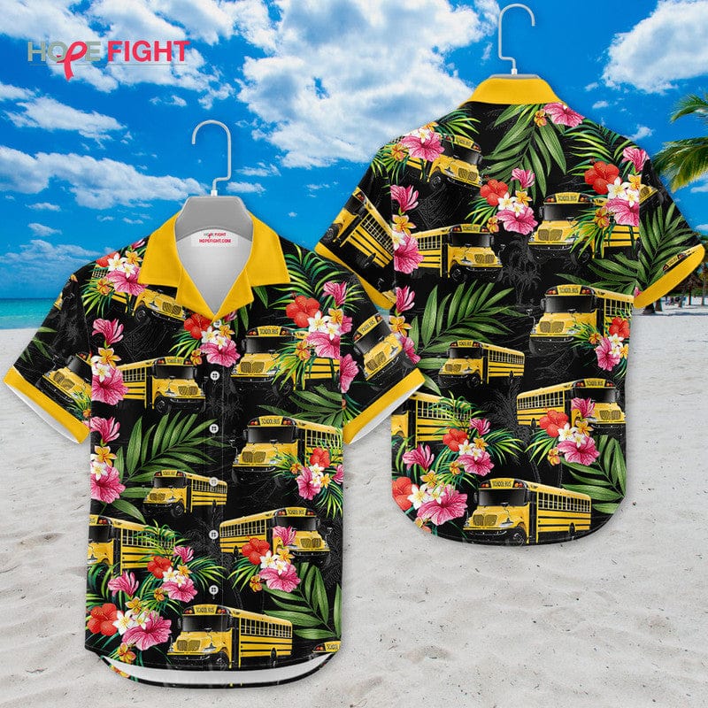 Tropical School Bus Hawaiian Shirt - Yellow Bus & Floral Print, Back to School Vibes