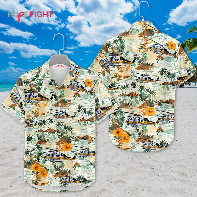Rescue Helicopter Hawaiian Shirt - LA County Fire & Tropical Island Desig