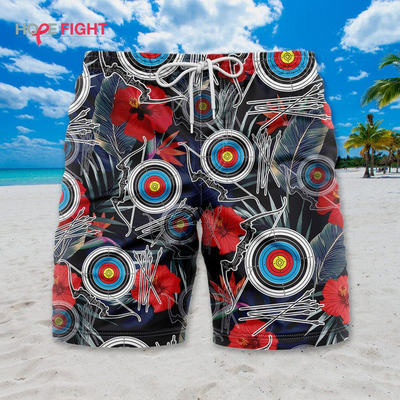 Tropical Archery Swim Trunks, Fun Bowhunter Target Outfit