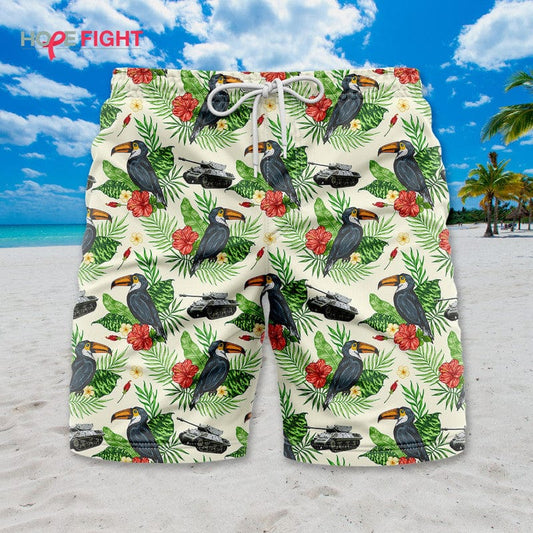 Tropical Military Swim Trunks, Toucan & Army Vehicle Print, Summer Casual