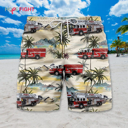 Tropical Firefighter Swim Trunks, Fire Truck & Palm Tree Print, Summer Style