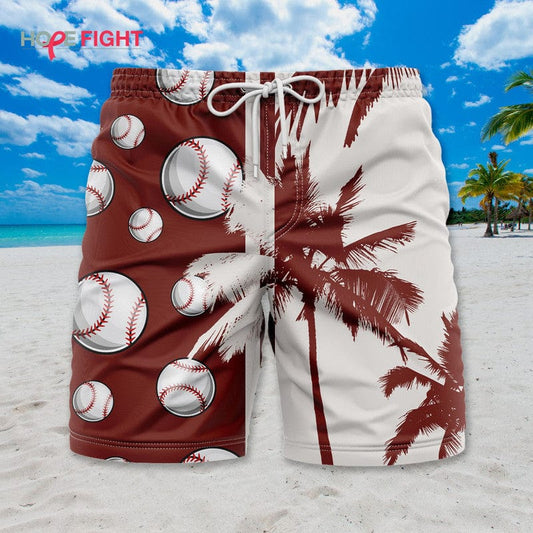 Tropical Baseball Swim Trunks, Vintage Ball & Palm Tree Print, Sporty Summer