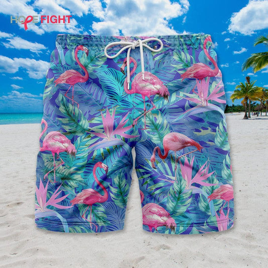 Tropical Flamingo Swim Trunks, Pink Bird & Palm Leaf Print