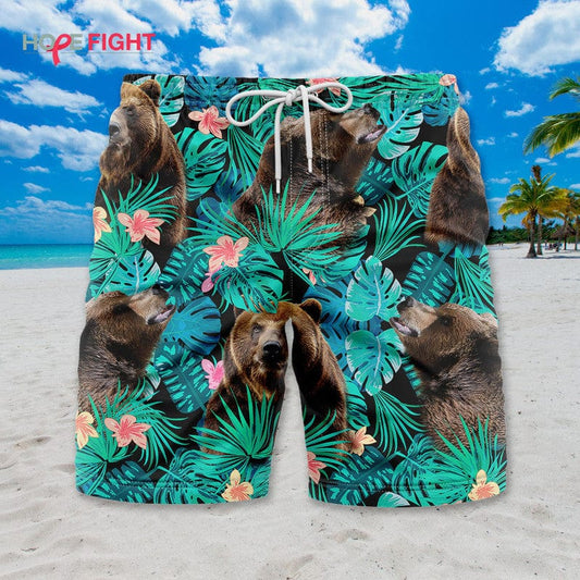 Tropical Bear Swim Trunks, Fun Grizzly Lovers Beach Outfit