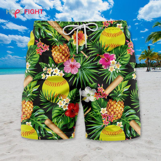 Tropical Softball Swim Trunks, Fun Softball Players Beach Outfit