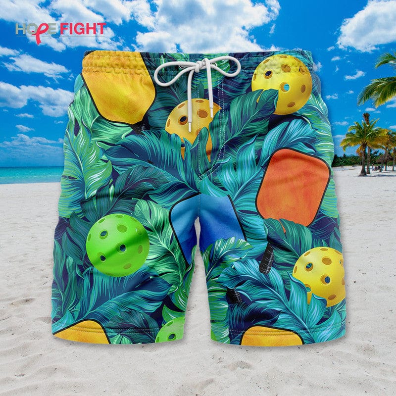 Tropical Pickleball Swim Trunks, Vibrant Paddle & Ball Beachwear