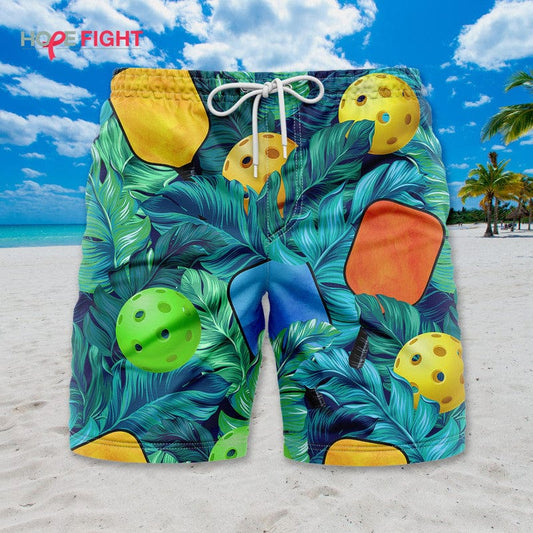 Tropical Pickleball Swim Trunks, Vibrant Paddle & Ball Beachwear