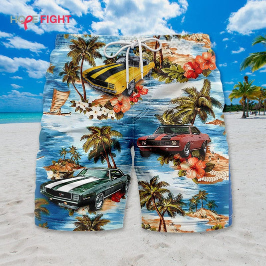 Tropical Muscle Car Swim Trunks, Classic Vintage Auto & Palm Tree Print