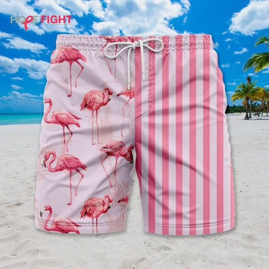 Tropical Flamingo Swim Trunks, Pink Striped & Bird Print, Beachwear