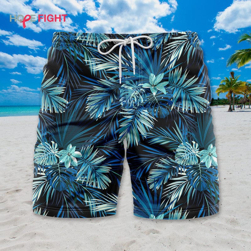 Tropical Blue Swim Trunks, Stylish Palm Leaf Summer Outfit