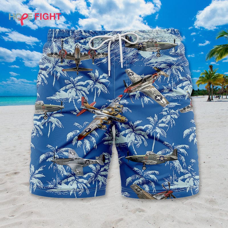 Tropical Military Aircraft Swim Trunks, Vintage Warplane & Palm Tree Print
