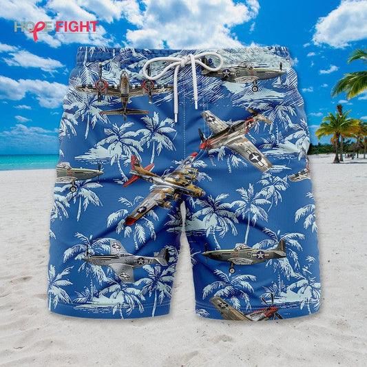 Tropical Military Aircraft Swim Trunks, Vintage Warplane & Palm Tree Print