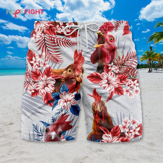 Tropical Rooster Swim Trunks, Vibrant Chicken & Floral Print, Farm Style