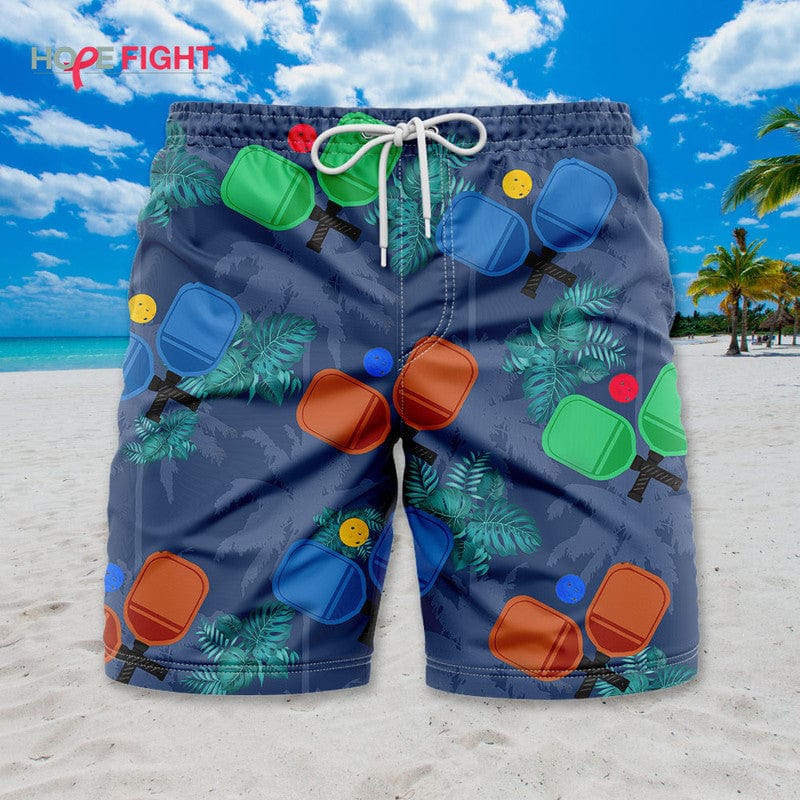 Tropical Pickleball Swim Trunks, Colorful Paddle & Ball Print, Beachwear