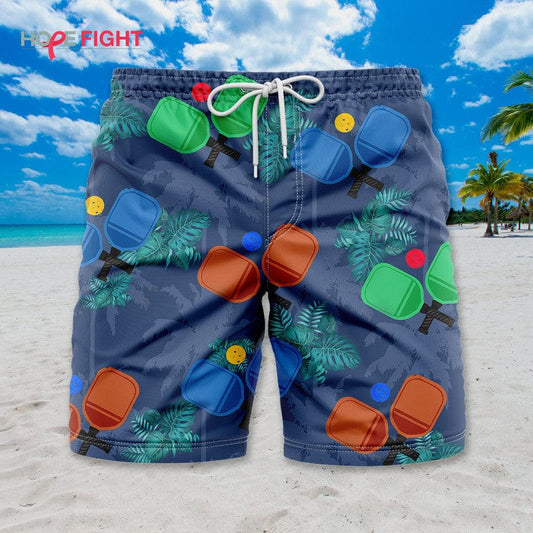 Tropical Pickleball Swim Trunks, Colorful Paddle & Ball Print, Beachwear