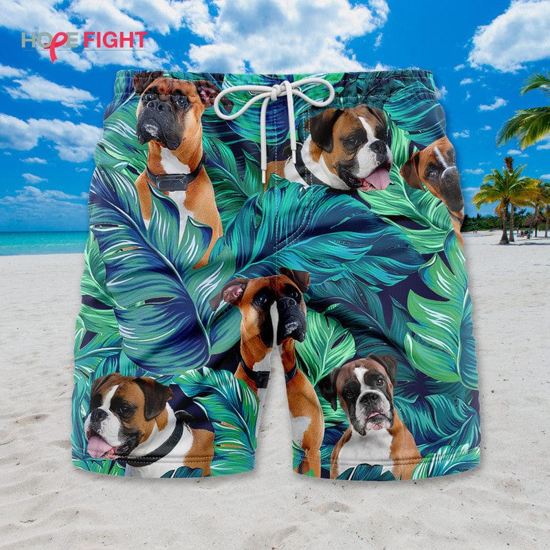 Tropical Boxer Dog Swim Trunks, Fun Boxer Lovers Beach Outfit